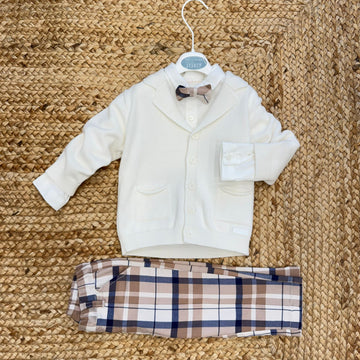 Completo bimbo elegante battesimo con cardigan panna e pantalone a quadri