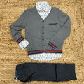 Completo bimbo grigio con cardigan, camicia bianca stampata e pantalone coordinato