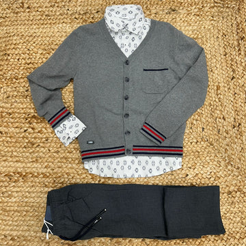 Completo bimbo grigio con cardigan, camicia bianca stampata e pantalone coordinato