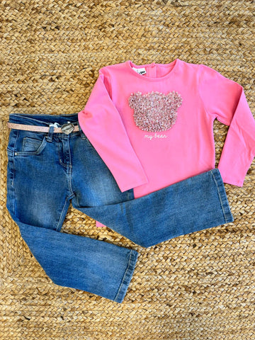 completo orso, maglietta rosa stampa orso, iDO, outfit bambina, abbigliamento bimba, completi bimba, moda bimbi, jeans bimba, look pratico e comodo, comfort e stile, Belli e Monelli, stile trendy.