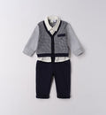 Completo elegante neonato in caldo cotone blu e grigio visto sul davanti