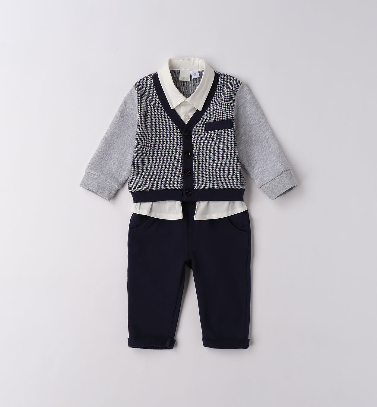 Completo elegante neonato in caldo cotone blu e grigio visto sul davanti