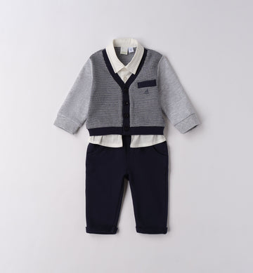 Completo elegante neonato in caldo cotone blu e grigio visto sul davanti