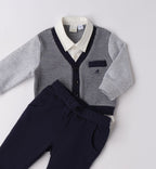 Completo elegante neonato in caldo cotone blu e grigio visto sul retro