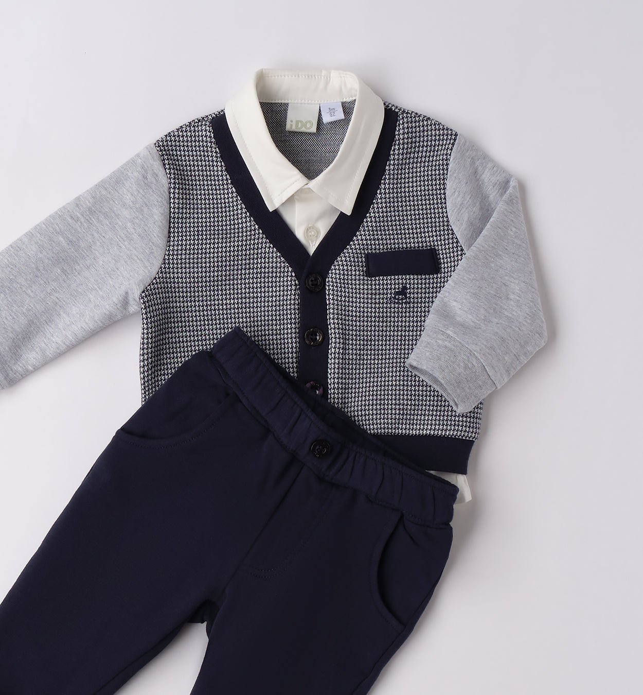 Completo elegante neonato in caldo cotone blu e grigio visto sul retro