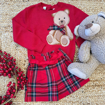 Completo natalizio per bambina con maglioncino rosso orsetto e gonna scozzese rossa, perfetto per le feste e le foto di Natale.