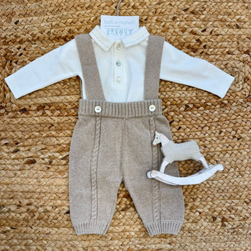 Completo neonato lana e cashmere beige con bretelle fronte