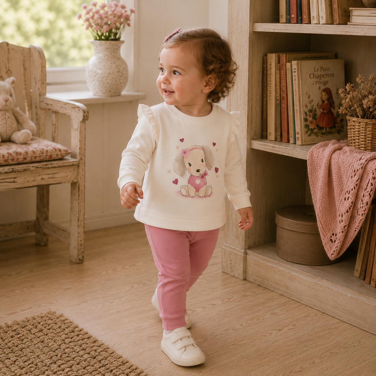 Completo bimba con maglia bianca a manica lunga e pantaloni rosa