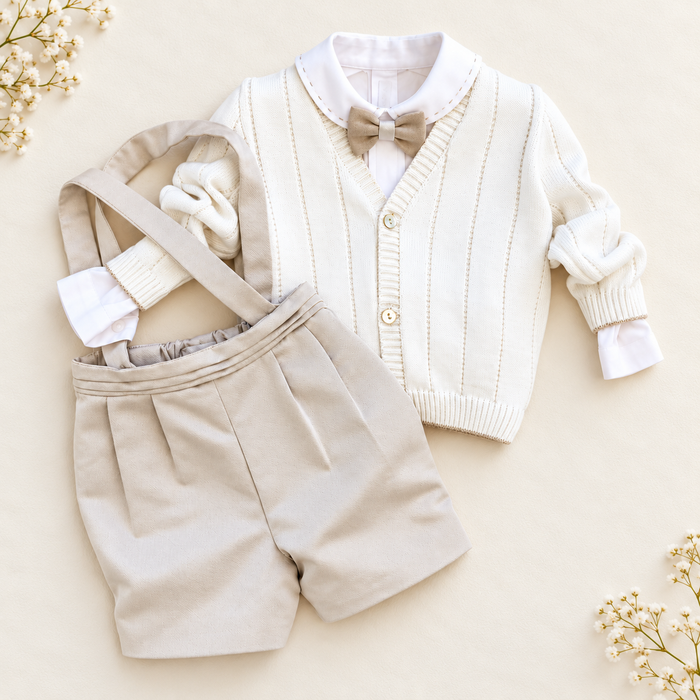 Completo battesimo bimbo con bermuda e bretelle beige