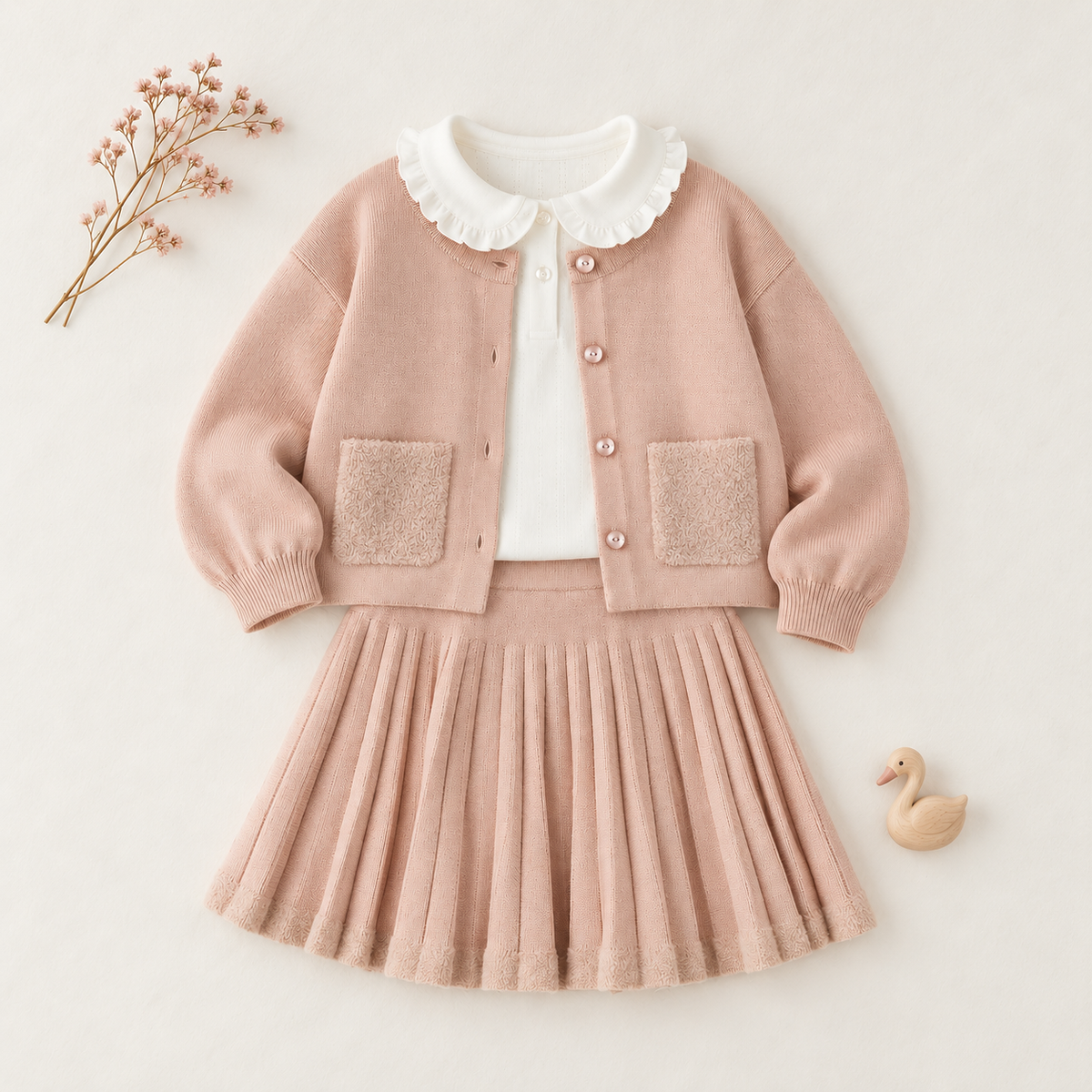 Completo bimba rosa iDO con cardigan e gonna plissettata, vista frontale