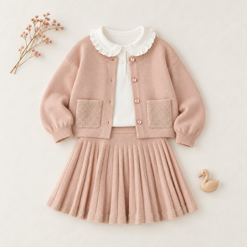 Completo bimba rosa iDO con cardigan e gonna plissettata, vista frontale