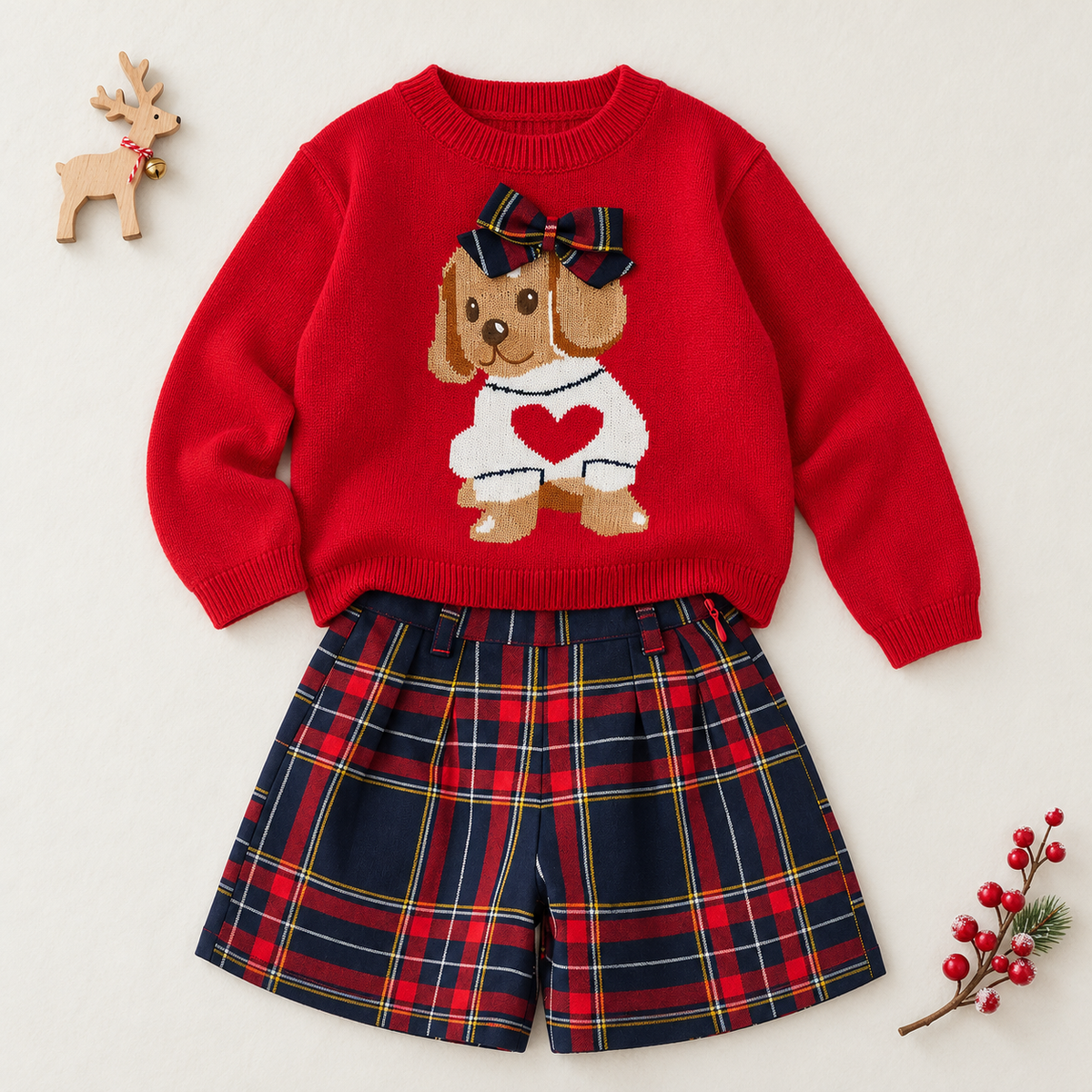 Maglioncino rosso iDO bambina con cagnolino lavorato a maglia e fiocco scozzese