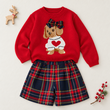Maglioncino rosso iDO bambina con cagnolino lavorato a maglia e fiocco scozzese