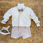 Completo battesimo neonato velluto sabbia con cardigan panna