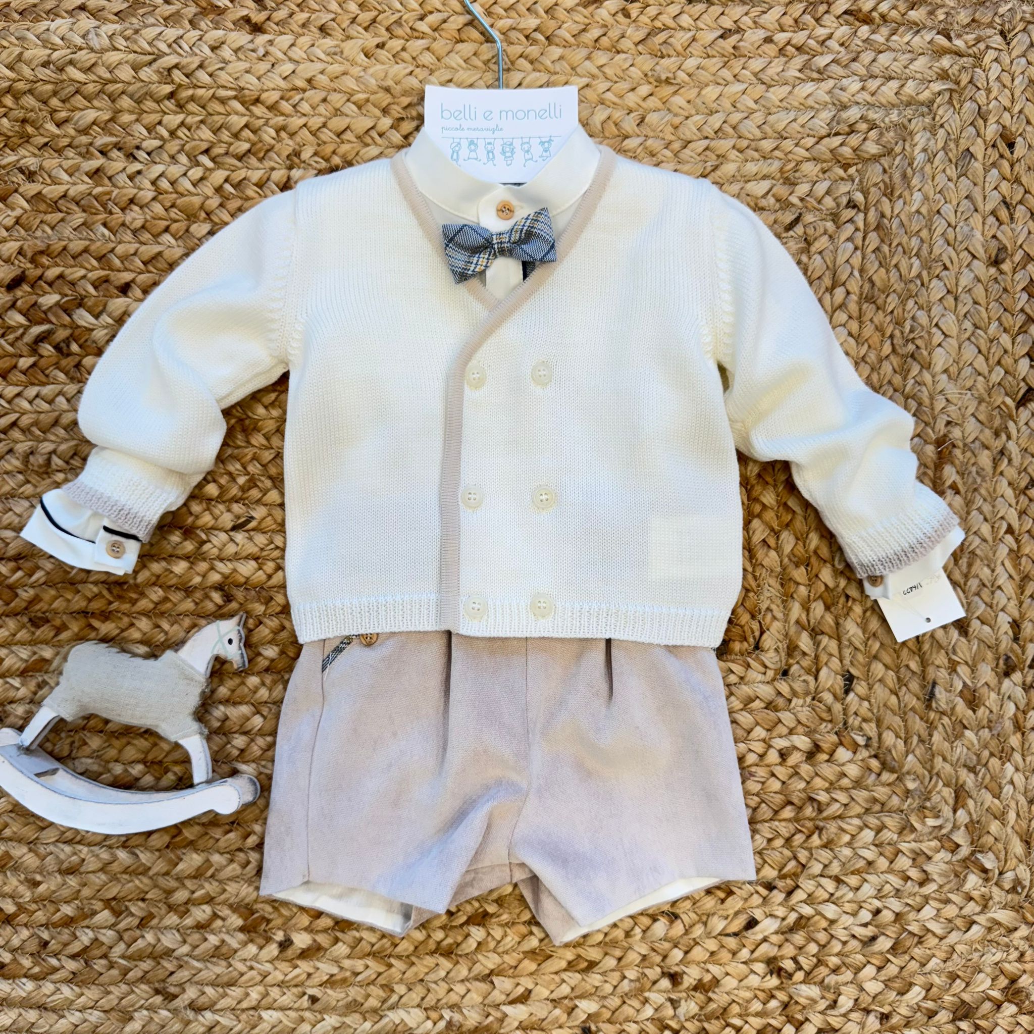 Completo battesimo neonato velluto sabbia con cardigan panna