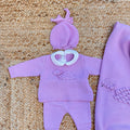 Coordinato completo in pura lana glicine con ricamo tartaruga