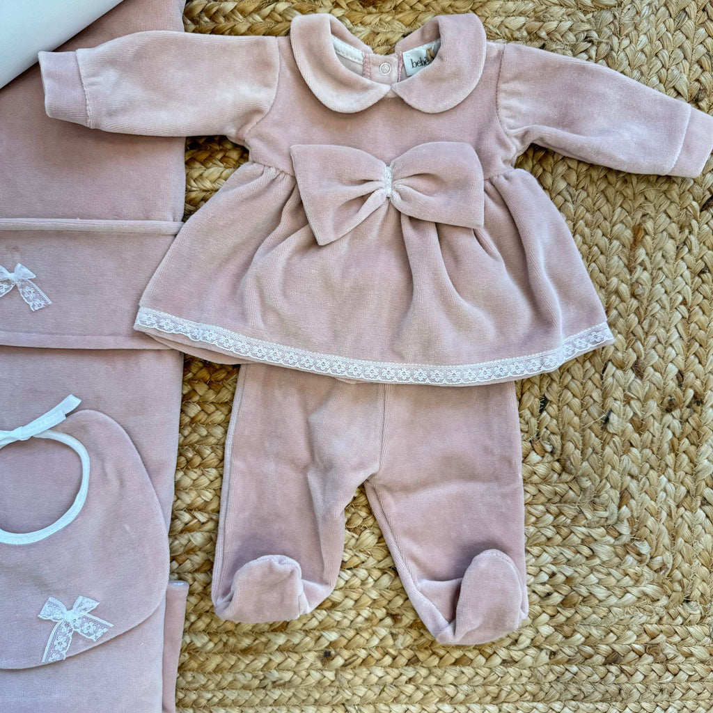 Coordinato nascita in ciniglia rosa per neonata con fiocch