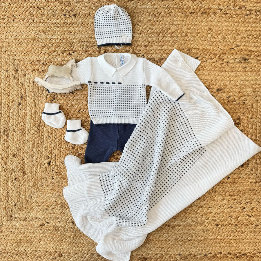 SET NASCITA NEONATO IN FILO DI COTONE BLUETTE E BIANCO