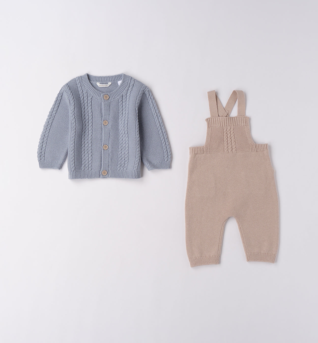 Coordinato neonato tre pezzi in cotone e lana azzurro e beige