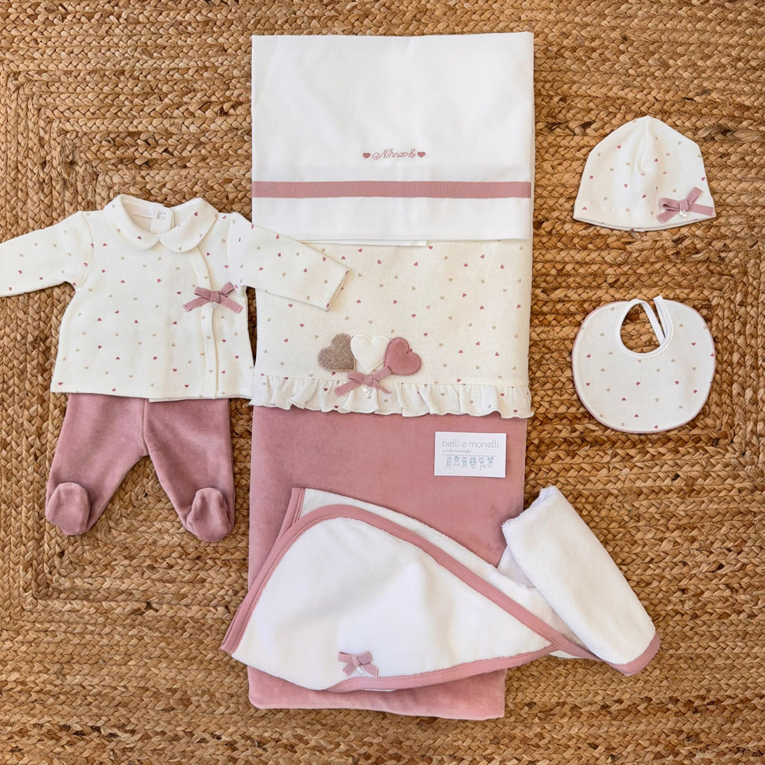 Coordinato uscita clinica neonata 7 pezzi in caldo cotone e ciniglia rosa