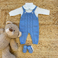 Coordinato uscita clinica neonato azzurro in 100% lana con copertina, salopette, cappellino e scarpette
