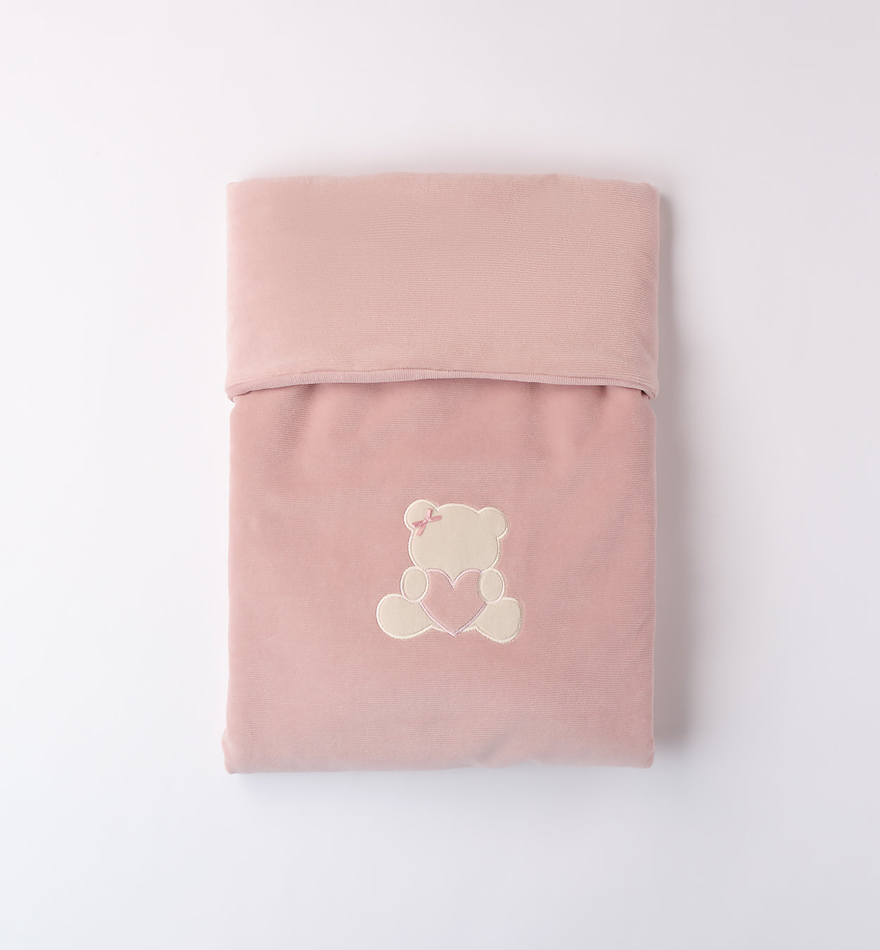 Coperta neonata in ciniglia rosa con orsetto centrale e cuore