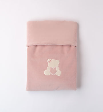 Coperta neonata in ciniglia rosa con orsetto centrale e cuore
