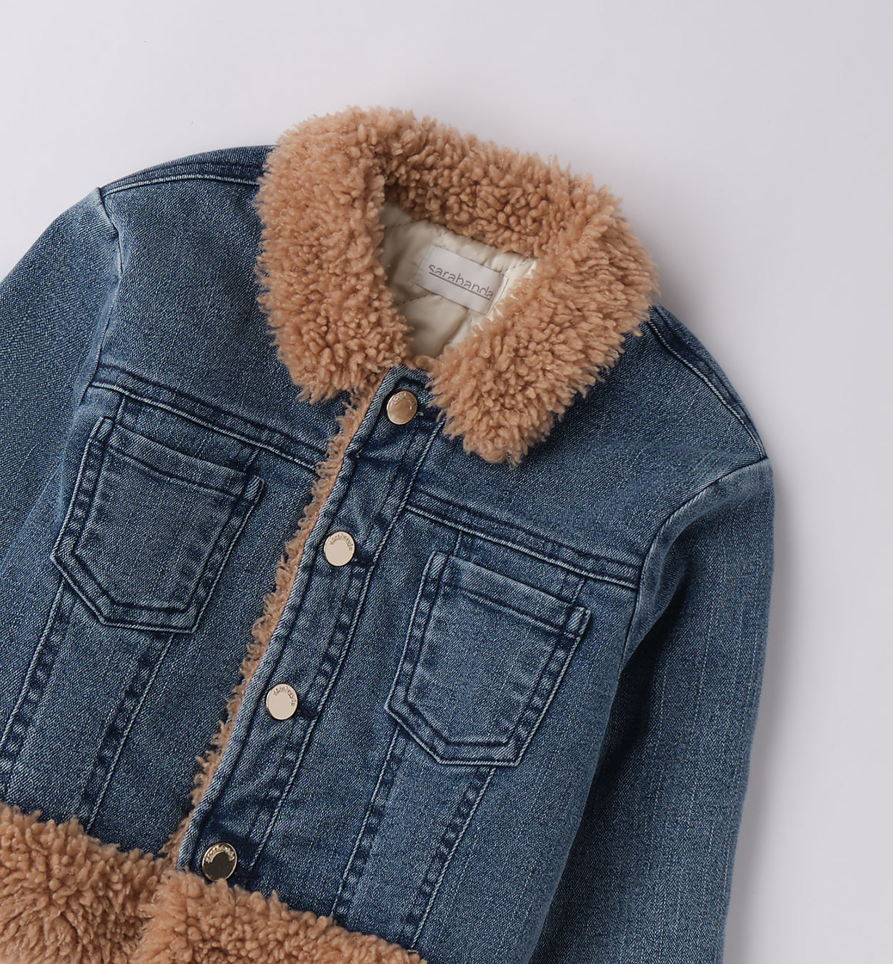 Dettaglio colletto e bottoni giacca denim con pelliccia ecologica bambina