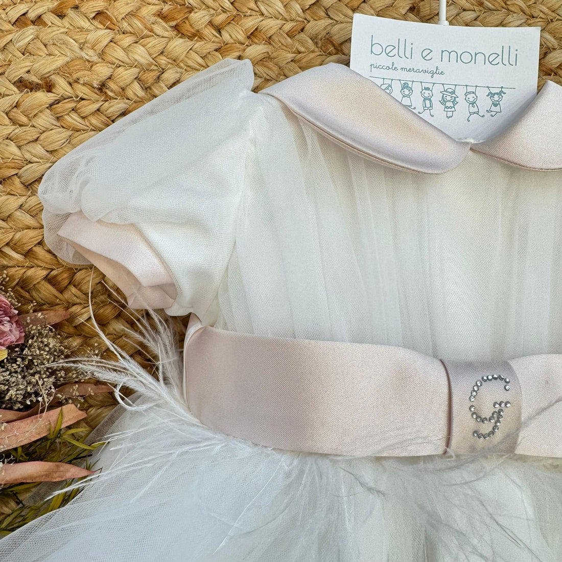 Abito battesimo bimba in tulle e pizzo con cintura rosa cipria
