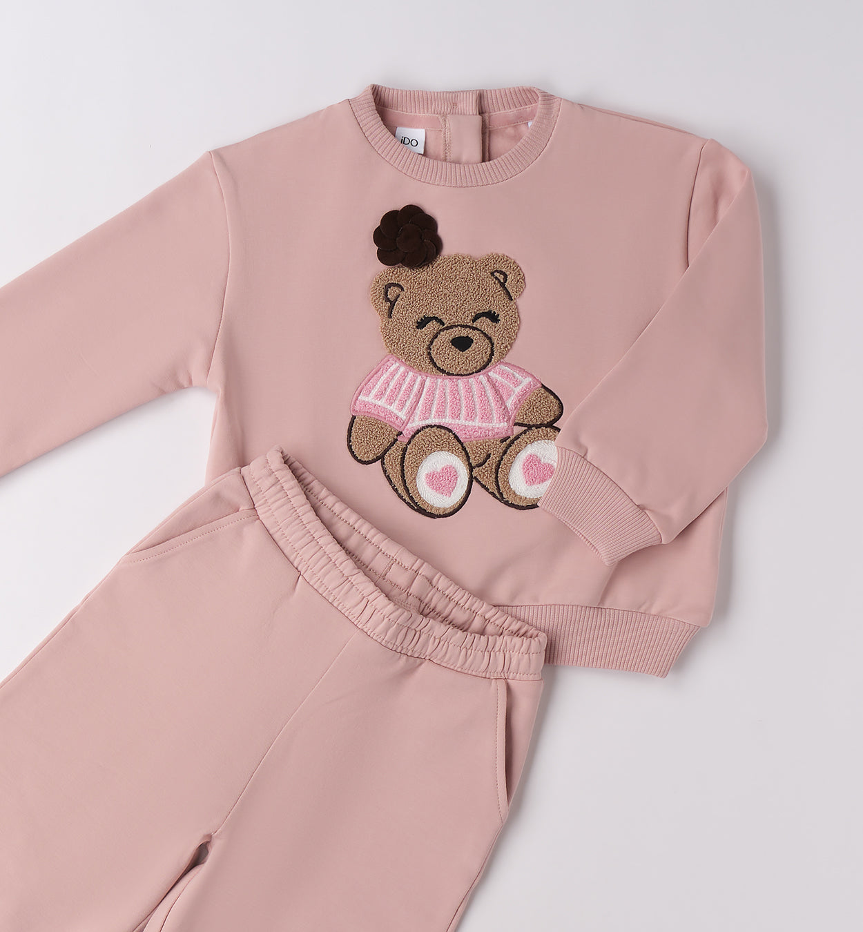 Dettaglio orsetto ricamato su maglia rosa bimba