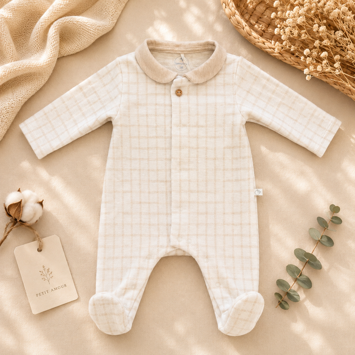 Tutina neonato in caldo cotone beige a quadri con colletto