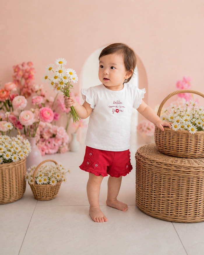 Completo bimba con maglia bianca e shorts rossi