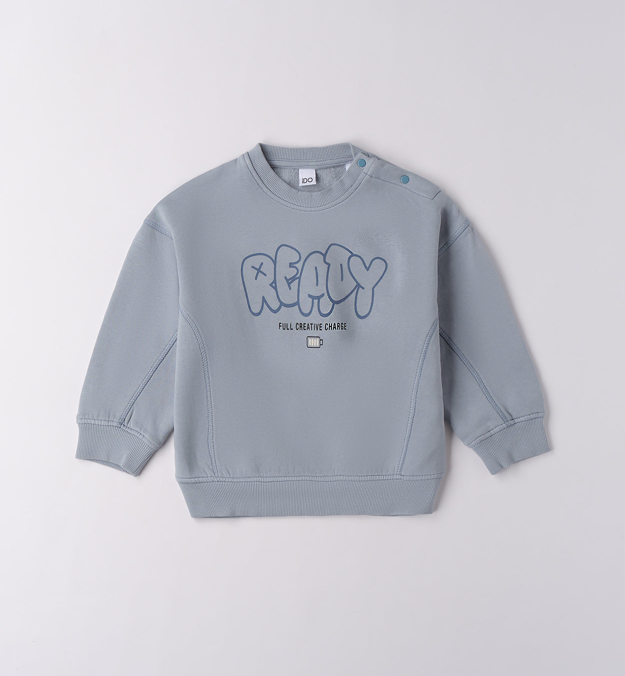 Felpa bambino azzurra in caldo cotone con scritta READY - fronte