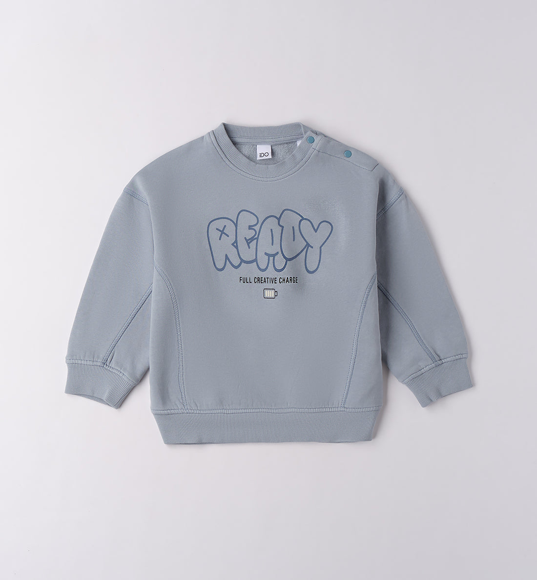 Felpa bambino azzurra in caldo cotone con scritta READY - fronte