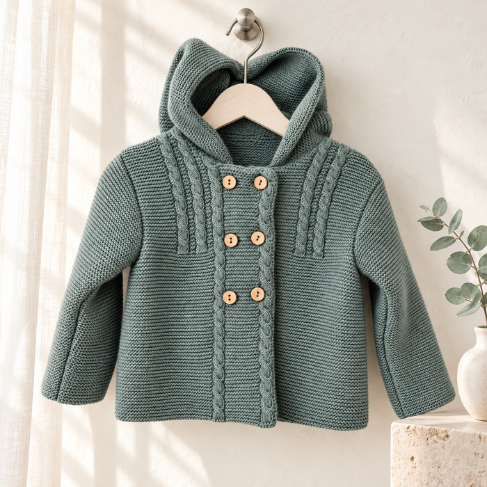 Cappottino battesimo bimbo in maglia verde con cappuccio