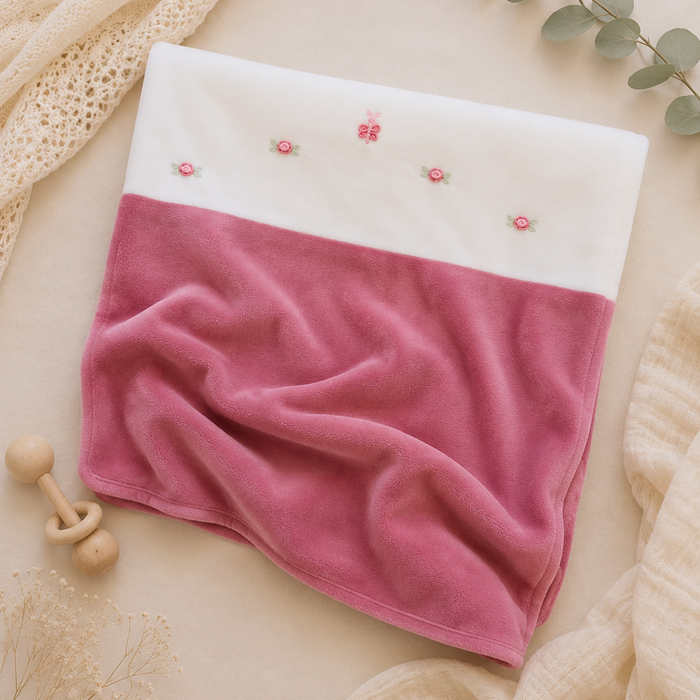 Copertina neonata in ciniglia rosa antico e latte con ricami floreali