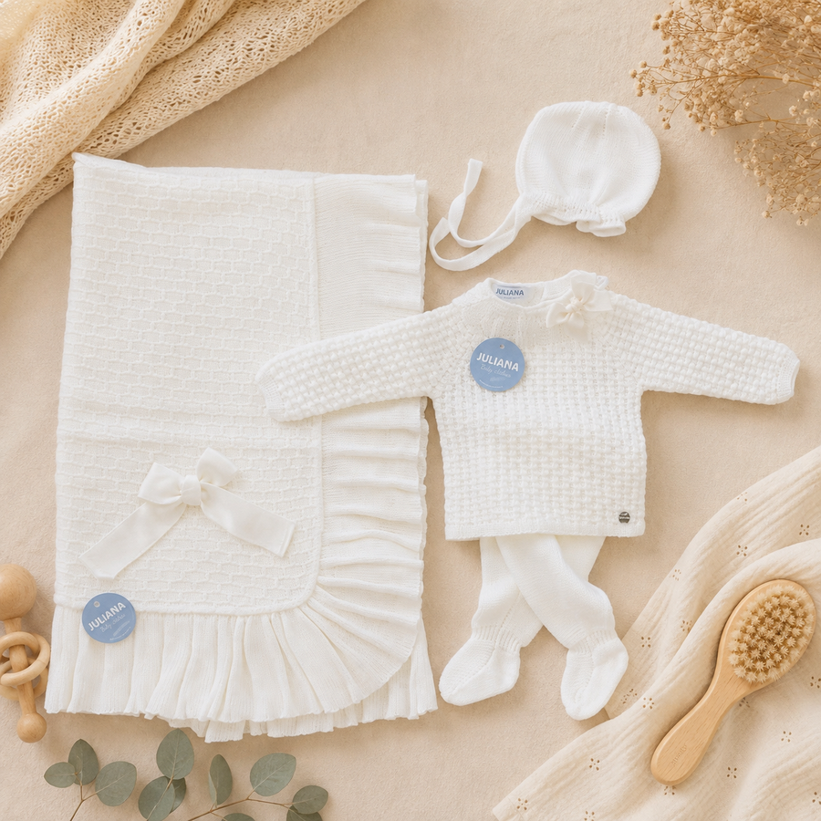 Set nascita neonata panna con copertina e cuffietta