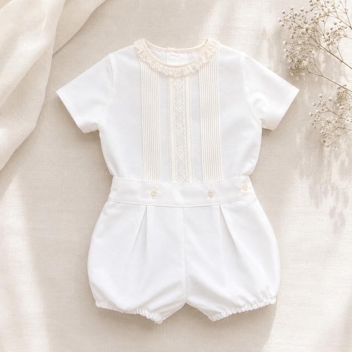 Completo battesimo bimbo bianco con dettagli panna