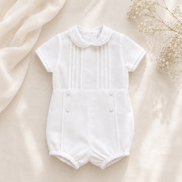 Pagliaccetto battesimo bimbo in cotone e lino bianco con pieghe sartoriali