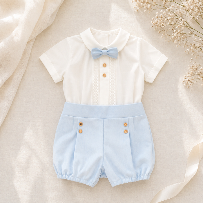 Completo elegante bimbo celeste con papillon e pantaloncino