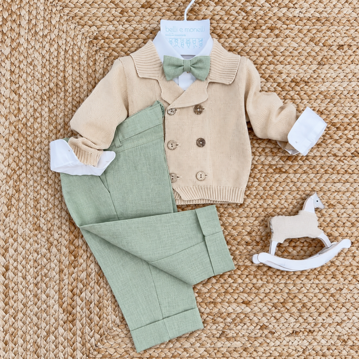 Completo elegante neonato battesimo e primo compleanno in cotone e lino con cardigan