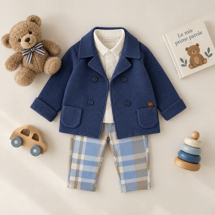 Completo bimbo blu con pantalone tartan