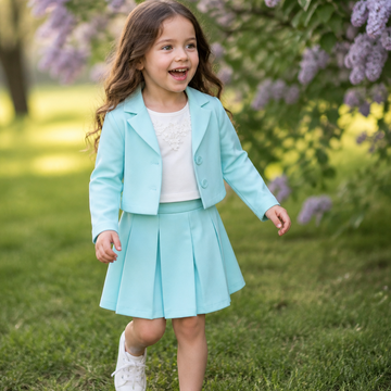 Completo bimba elegante con maglia e gonna plissettata verde acqua