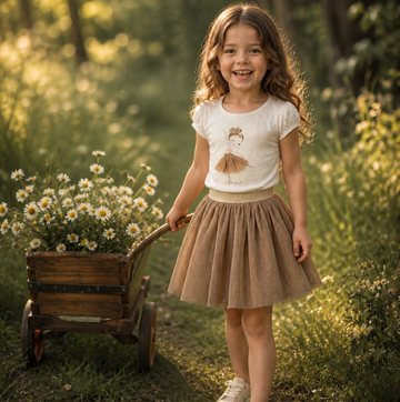 Completo bimba con maglia ballerina e gonna tulle beige