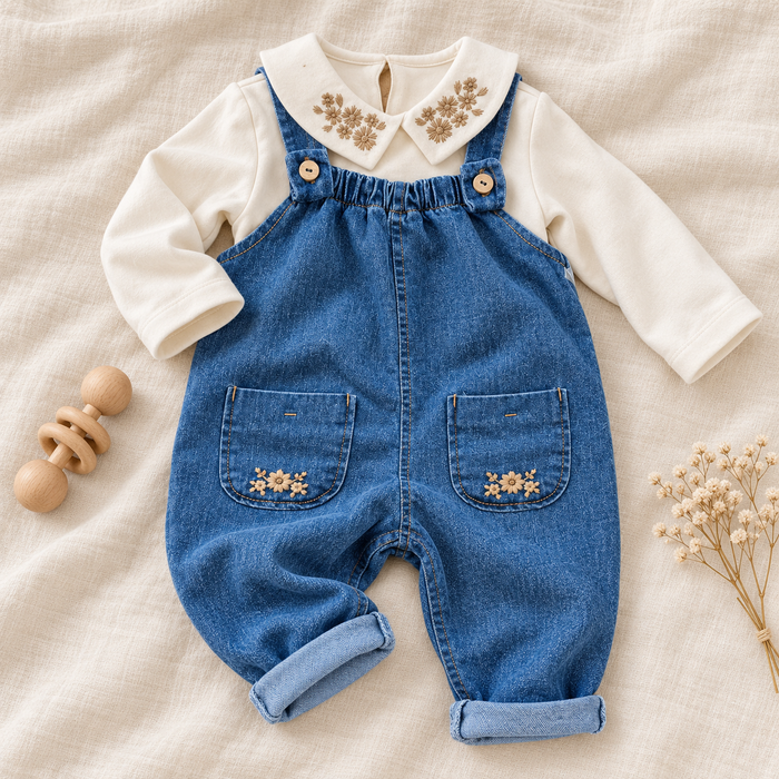 Salopette bimba in cotone denim con ricami