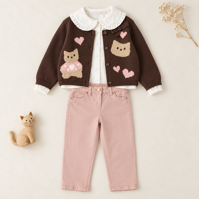Completo bimba tre pezzi con cardigan gattini