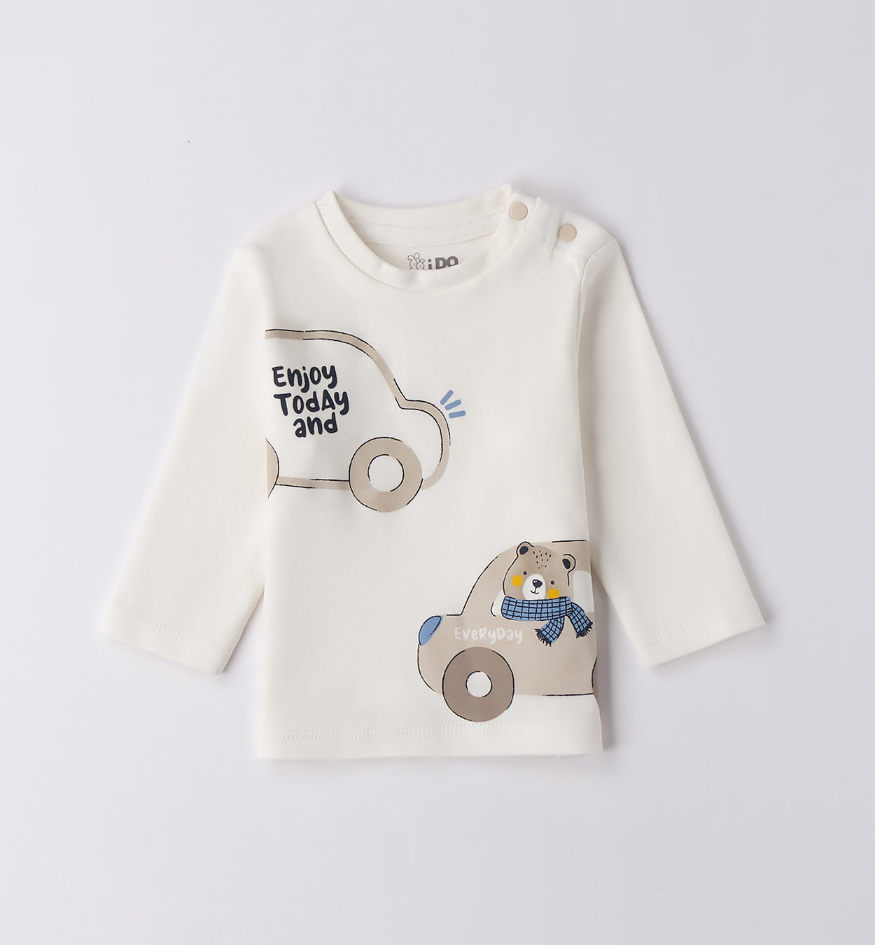 Maglia neonato in caldo cotone panna con stampa orsetto e automobiline