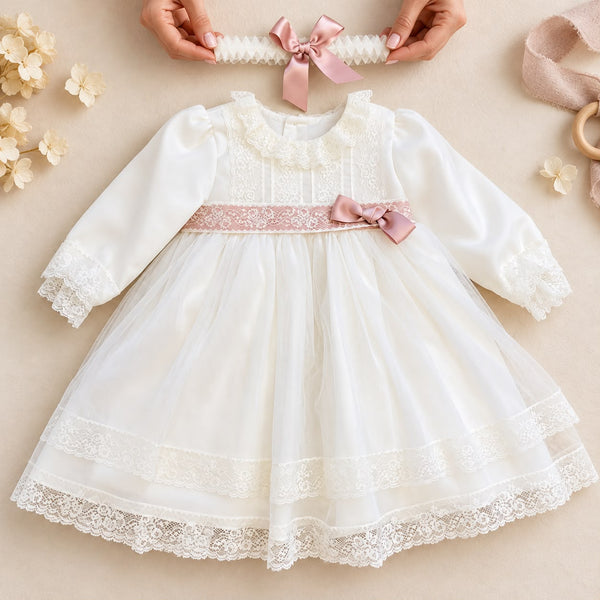 Abito battesimo bimba in tulle e pizzo con fiocco rosa cipria