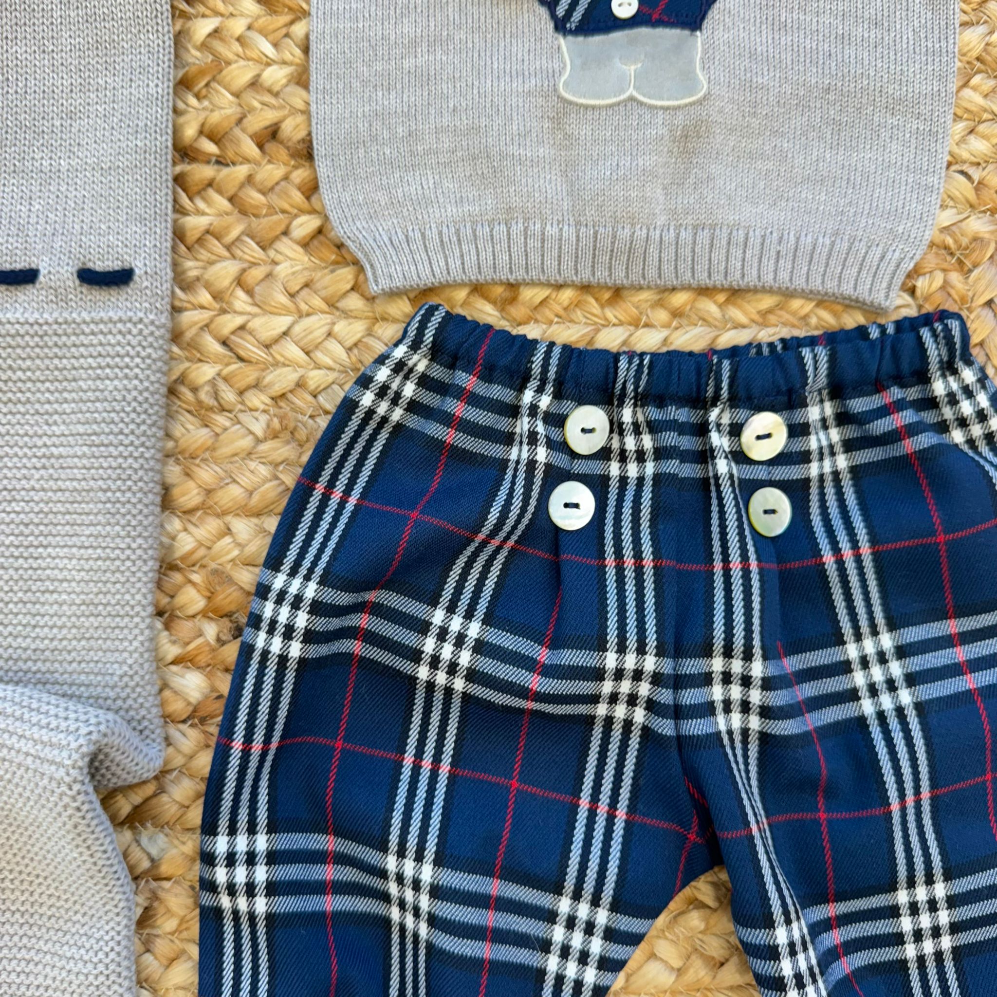 Pantaloni neonato in tessuto scozzese blu, rosso e panna