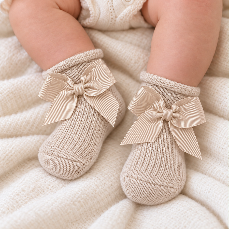 Calzini neonata beige in maglia con fiocco
